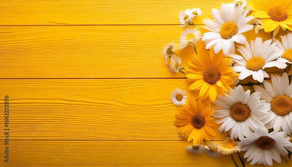 Fototapeta premium Spring composition. White and yellow daisy flowers on yellow wooden tabletop background