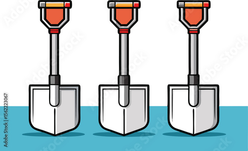 Three cartoon shovels lined up on a blue surface illustration