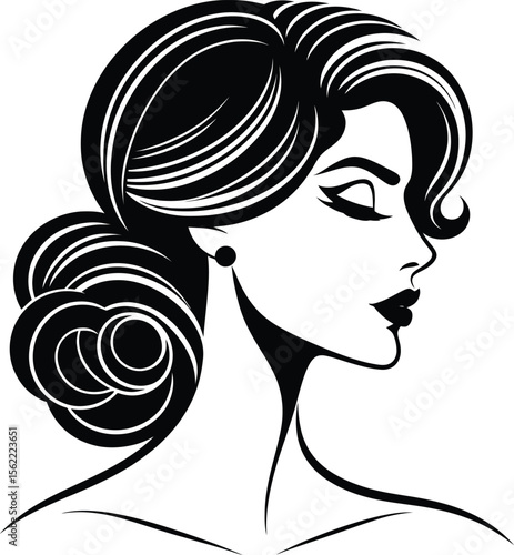 Elegant Woman Profile with Updo Hairstyle Black and White Vector Illustration
