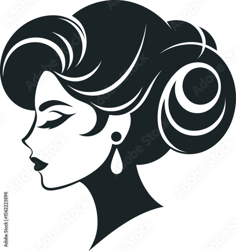 Elegant Woman Profile Silhouette with Updo Hairstyle and Earring Vector Illustration