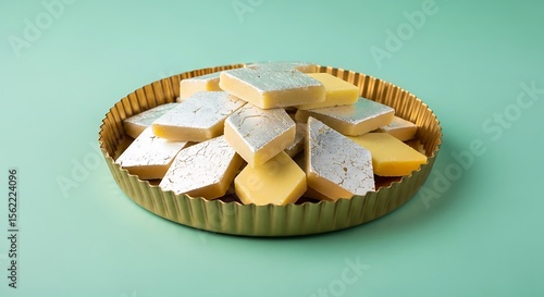 Sweetened cashew squares with edible silver leaf kaju katli indian sweets