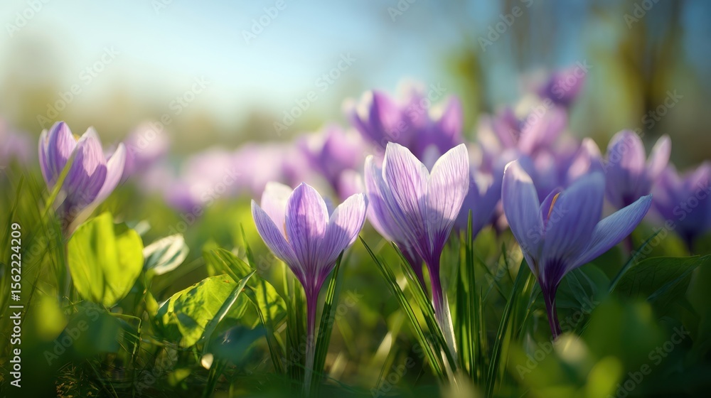 Fototapeta premium The vibrant crocus flowers blooming in sunlight during springtime.