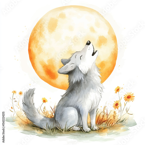 Watercolor Wolf Howling at a Golden Moonlit Meadow