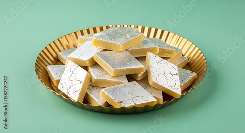 Yellow diamond shaped sweets with silver leaf topping on a golden plate kaju katli indian sweets