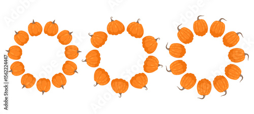 Round pumpkin frame. Autumn frame or border. For packaging, food design. Space for text. Autumn decoration in flat style.