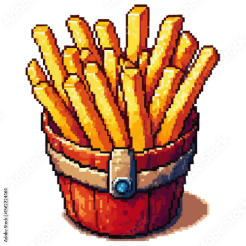 Pixel art illustration of a bucket filled with golden french fries, depicted in a vibrant and stylized manner.