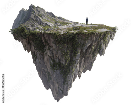Man on floating mountainous land mass
