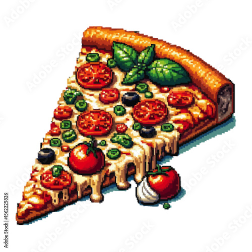 Pixelated pizza slice with melted cheese, tomato slices, olives, basil, and a crusty edge.