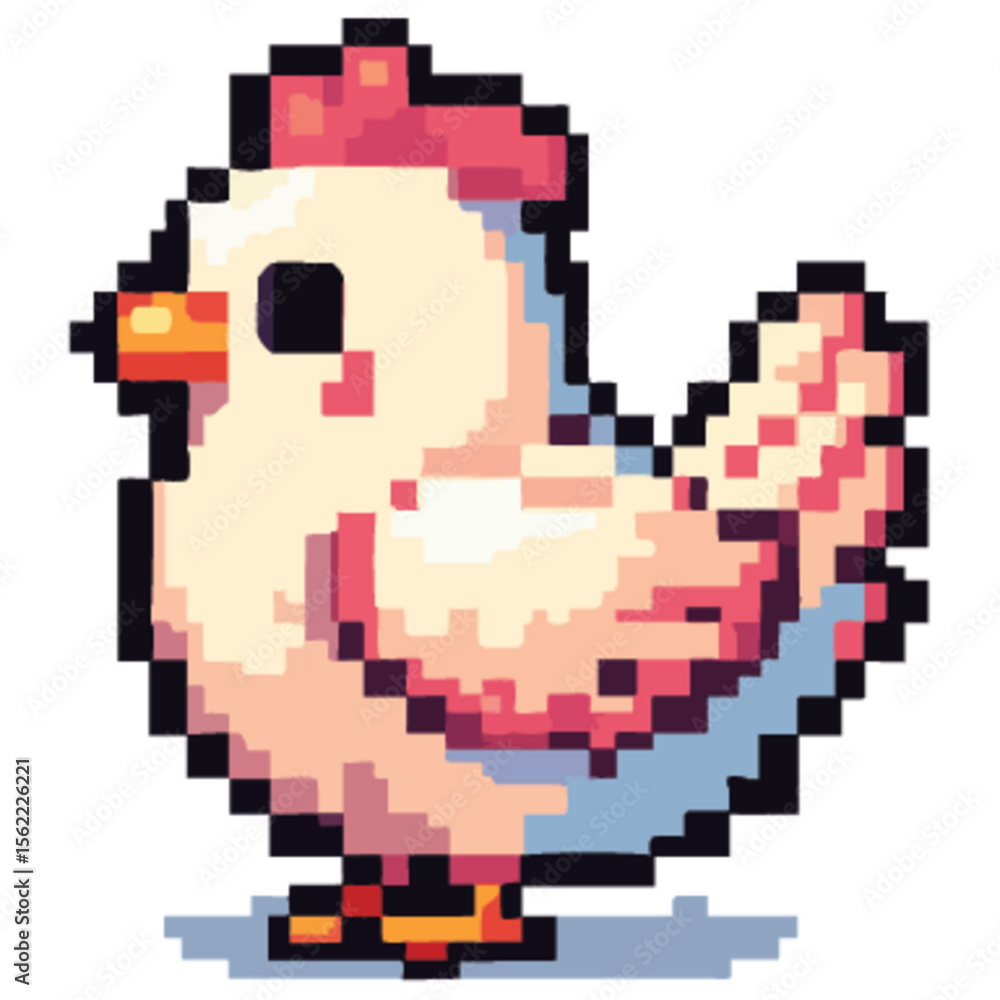 Fototapeta premium Pixelated light pink chicken walking to the right with an alert expression and simple detailing on white background.