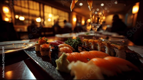 Person picking up salmon sushi with chopsticks in a Japanese restaurant