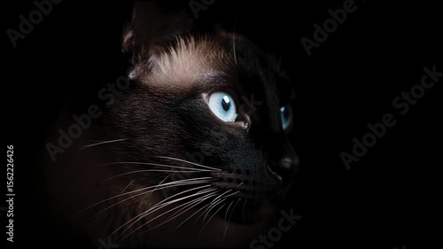 Siamese cat looking around on black background