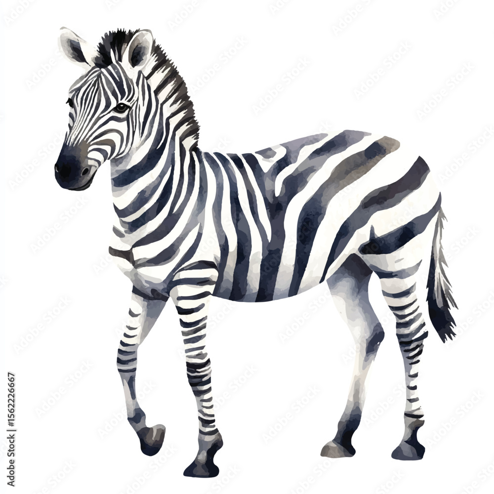 Fototapeta premium Watercolor Zebra with Detailed Stripes and Elegant Pose Side View