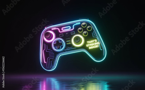 3d rendered neon gaming controller with colorful futuristic glowing accents floating against a dark reflective background