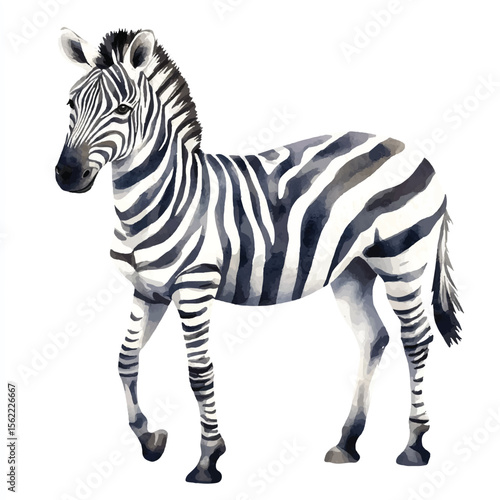 Watercolor Zebra with Detailed Stripes and Elegant Pose Side View
