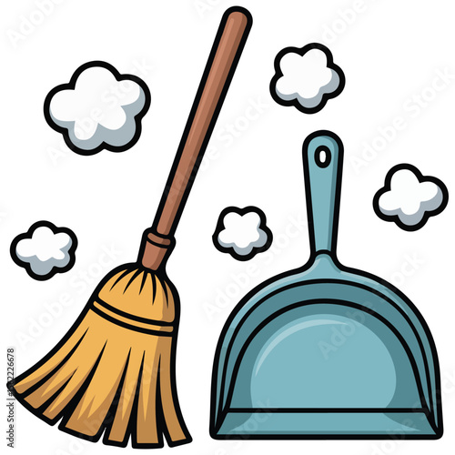 Cleaning tools broom dustpan vector illustration isolated on white