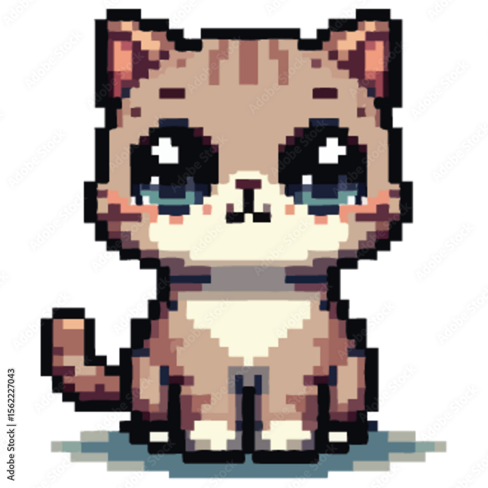 Fototapeta premium Pixel art illustration of a cute, wide-eyed kitten sitting and looking forward.