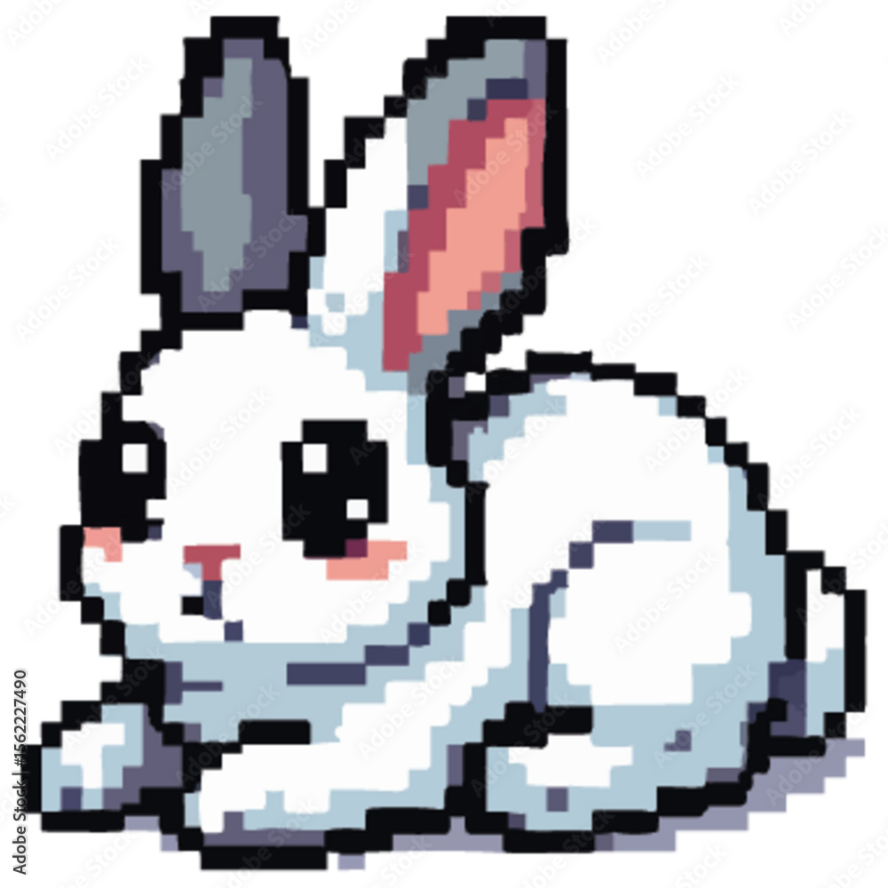 Fototapeta premium Adorable pixel art white rabbit, crouch pose.