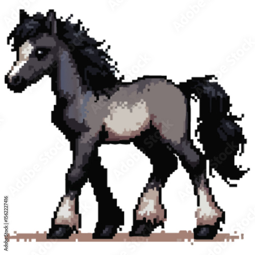 handsome horse with black and grey hair in pixelated style