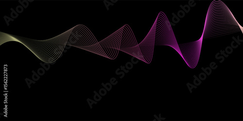 Abstract fluent gradient wavy dots lines of the sound wave. Dynamic pulsating wave. Musical neon concept, symbols of the frequency of digital music. Vector illustration on a black background