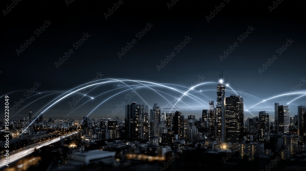 Obraz premium Night cityscape with illuminated skyscrapers and glowing network connections