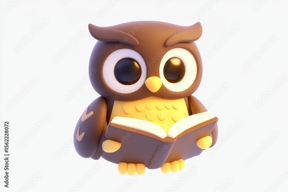 Fototapeta premium 3D cartoon owl bookkeeper icon with chocolate brown and parchment yellow colors on white background, ultra high definition detailed isometric view