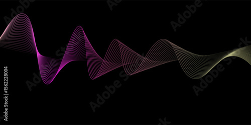 Abstract fluent gradient wavy dots lines of the sound wave. Dynamic pulsating wave. Musical neon concept, symbols of the frequency of digital music. Vector illustration on a black background