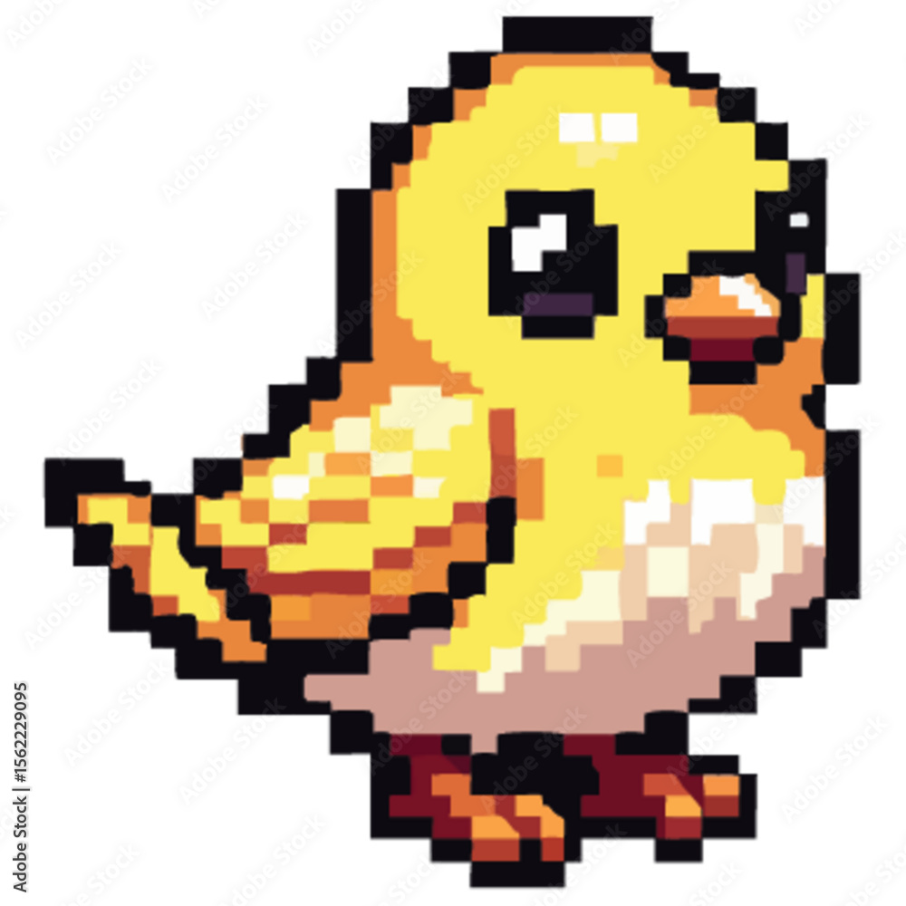 A pixelated yellow chick with large eyes, looking upwards, in a cute pose. A pixelated yellow chick with large eyes, looking upwards, in a cute pose.