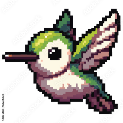 Pixelated hummingbird in mid-flight, showcasing detailed wings and vibrant plumage against a white background.