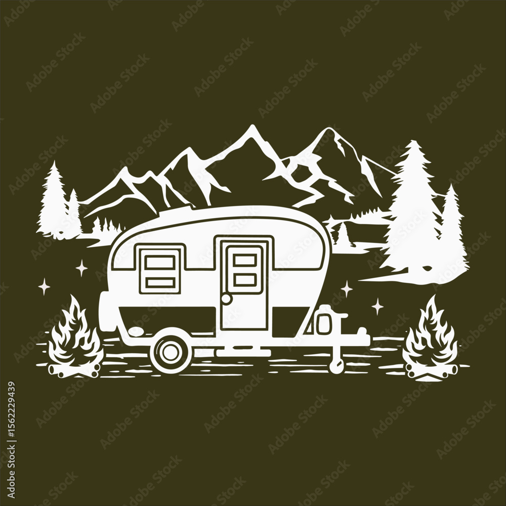 Obraz premium Camper camping with mountains and tree, camping in the woods, campsite with trailer landscape silhouette vector