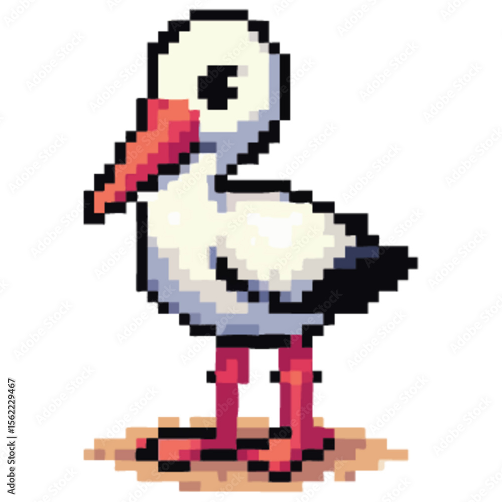 Obraz premium Pixelated stork standing on the ground, depicted in a simple, retro video game style.