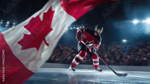 The Canadian hockey player skating with determination during a thrilling game.