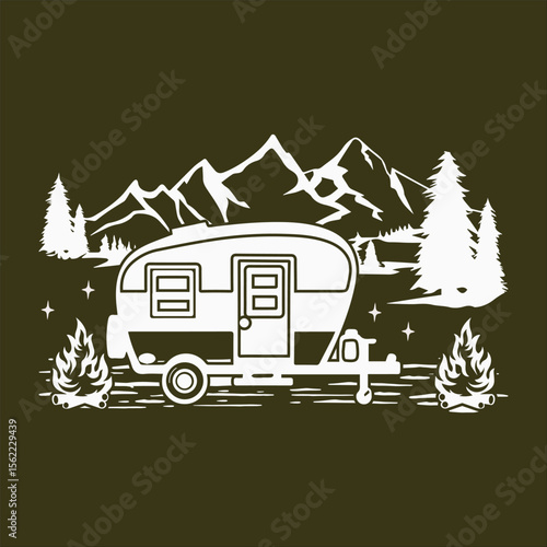 Camper camping with mountains and tree, camping in the woods, campsite with trailer landscape silhouette vector
