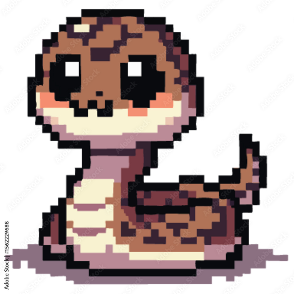 Fototapeta premium Adorable pixel art baby rattlesnake, large eyes, cute expression.
