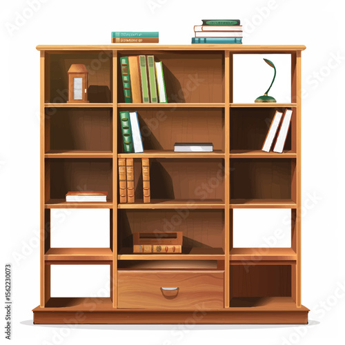 Wooden Bookcase with Books Lamp and Decorative Lantern