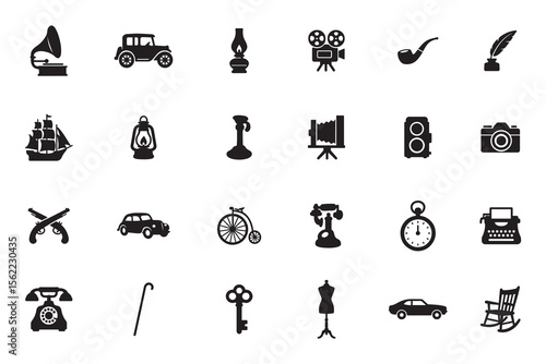 Vintage and retro objects solid glyph icon set, collection of antique and classic items