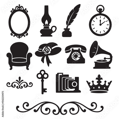 Vintage icon set. Collection of retro and antique object silhouettes. Vector graphics of old-fashioned items