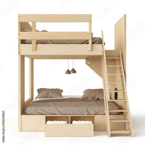 Wooden Bunk Bed with Integrated Ladder Drawers and Hanging Lights