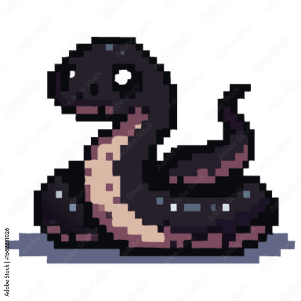 Obraz premium Pixelated cartoon snake with a dark body and light-colored belly, coiled on a white background.