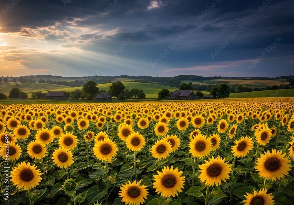 Fototapeta premium Sunflower Field Under Dramatic Cloudy Sky