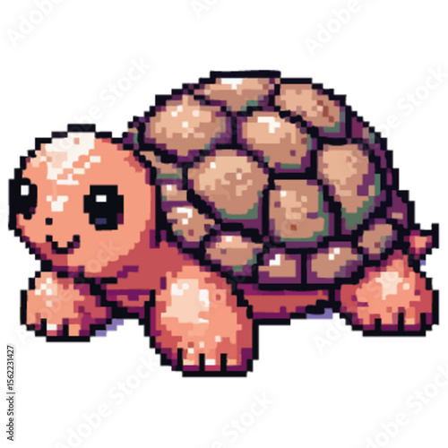 Pixelated illustration of a smiling turtle with a brown shell and peach-colored body.