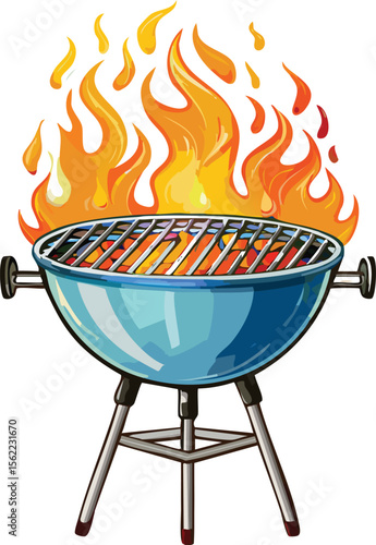 Smiling BBQ Grill with Playful Cartoon Flames Ready to Cook