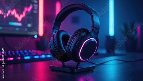 Immersive gaming setup featuring neon lit headphones and a stock market chart on a computer monitor