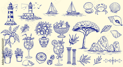 Mediterranean Coast Sketch Set. Vintage hand drawn vector collection of Italian summer elements for travel posters, menus, or wall art. Blue line art.