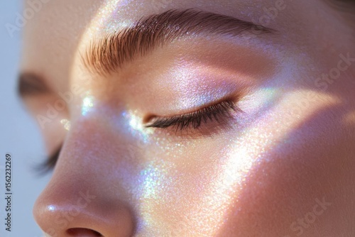 Radiant glowy makeup look with holographic light effects for beauty trends