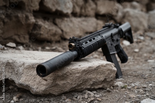Rifle with Suppressor on Rock