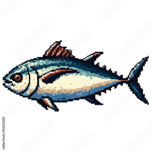 Pixelated illustration of a tuna fish, showcasing its body and fins, isolated on white.