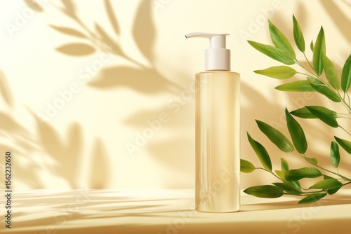 Natural skincare moisturizing lotion with botanical leaves and soft sunlit background