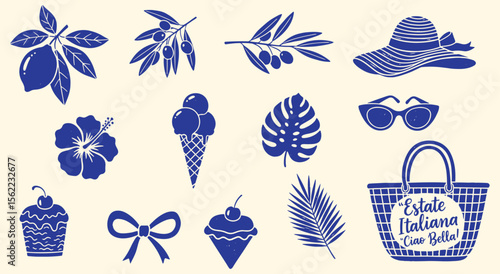 Italian Summer Silhouette Set. Blue vector icons with beach hat, lemon, and gelato. "Estate Italiana" graphics for posters, stickers, or patterns.