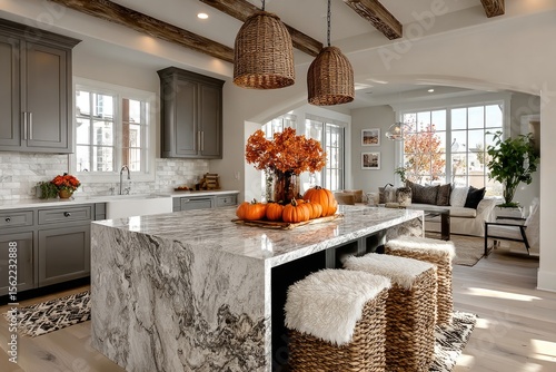 Fototapeta Naklejka Na Ścianę i Meble -  Modern kitchen interior with marble counter top decorated for fall with orange pumpkins and leaves, autumn home decoration	