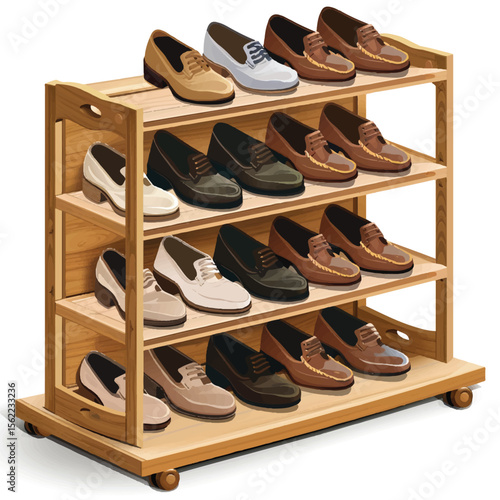 Wooden Shoe Rack Displaying Assorted Loafers in Various Colors and Styles